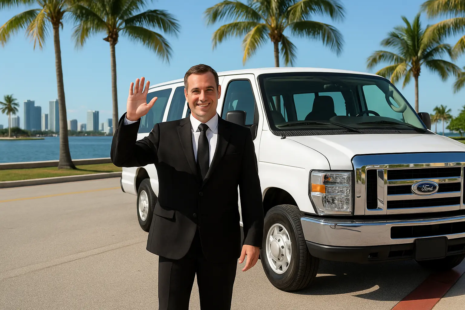 Smiling professional driver in a suit waving beside a white airport shuttle van on a palm-lined Miami street with the city skyline in the background, symbolizing friendly and reliable contact service.