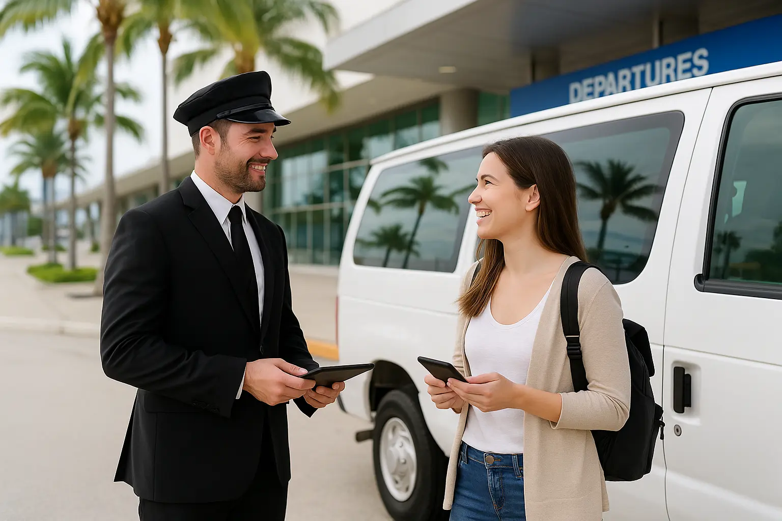 Friendly airport shuttle driver talking with a smiling traveler holding a phone next to a white van at a palm-lined airport curb, representing helpful customer support and quick answers.