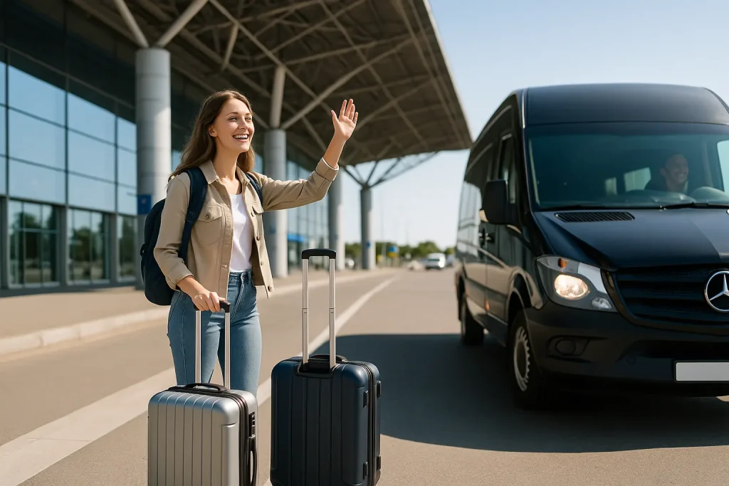 Traveler with luggage waiting outside Miami International Airport for a black Sprinter van pickup on a sunny day, representing Miami Airport Van’s private airport transportation services