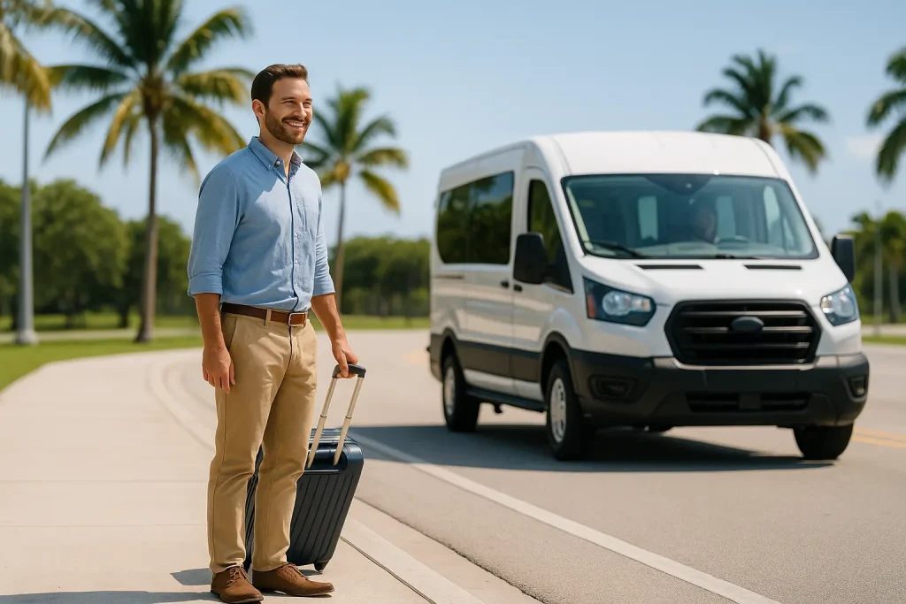 Male traveler waiting curbside with luggage as a white private van approaches near Fort Lauderdale–Hollywood International Airport (FLL)