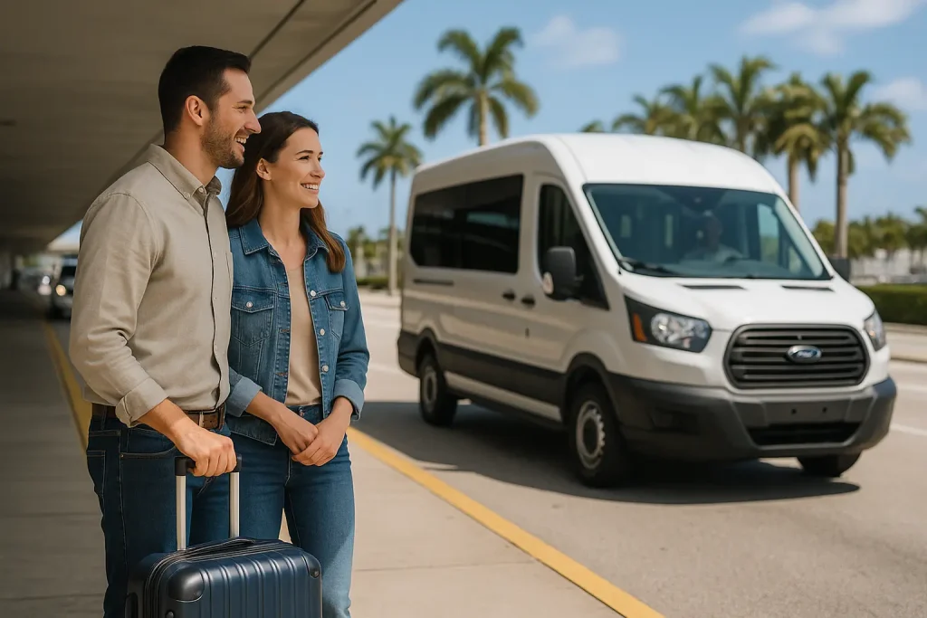 Couple waiting curbside at Miami International Airport as a white private van approaches for pickup.