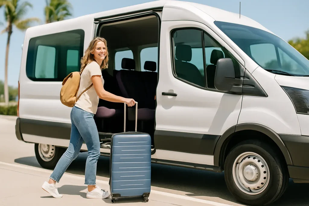 A traveler boarding a white private van with luggage on a sunny day, with palm trees in the background.