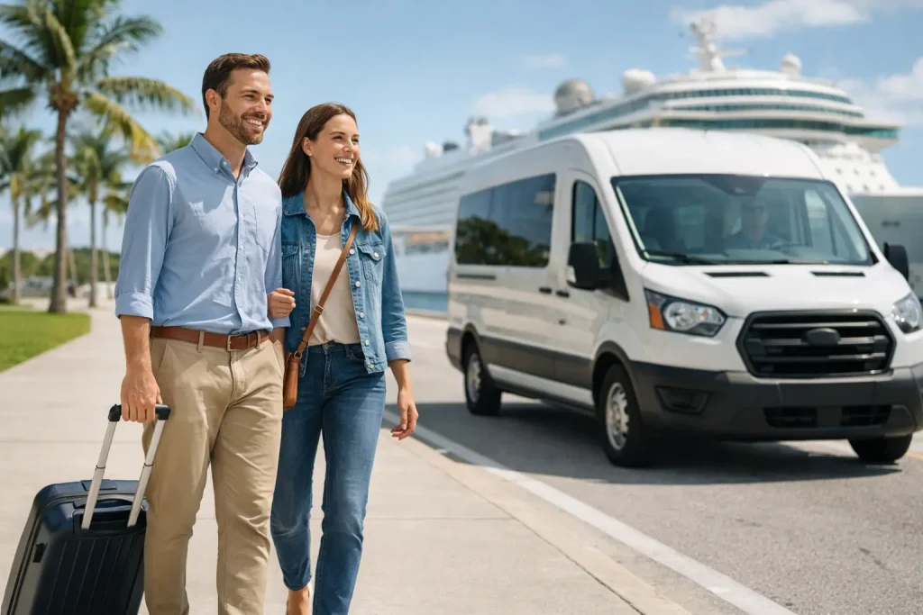 Couple with luggage boarding a private van at Miami Cruise Port for airport transportation